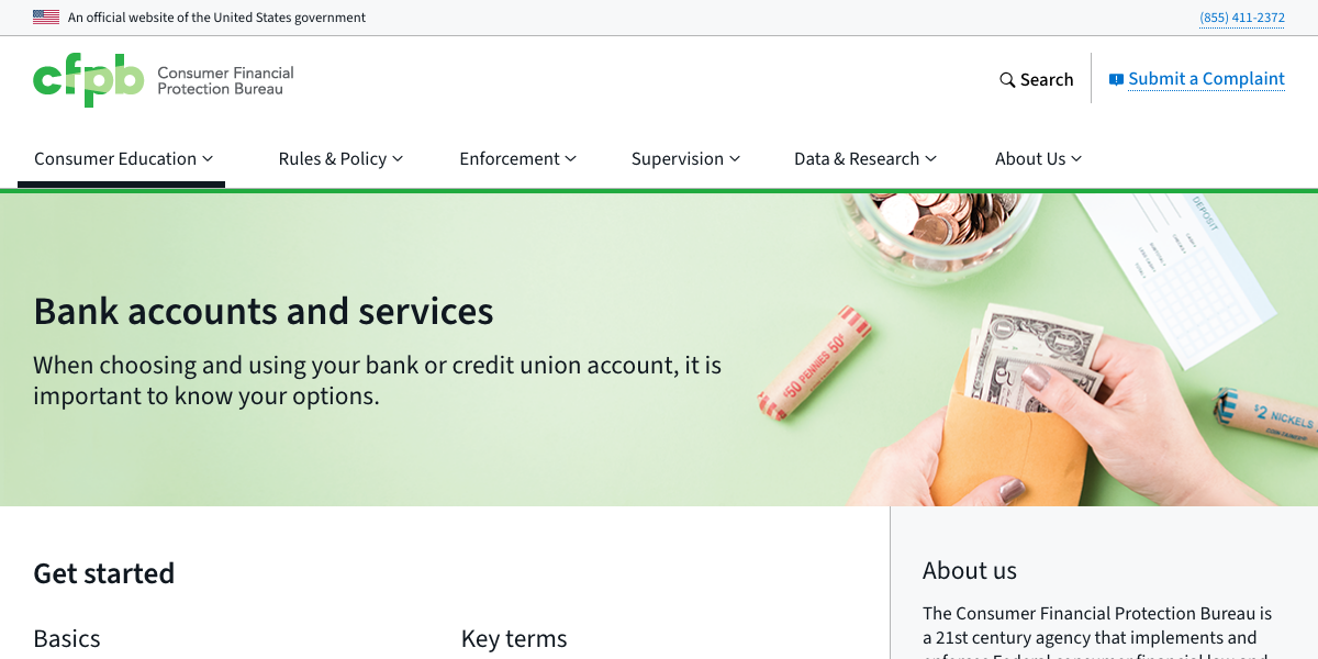 Consumer Financial Protection Bureau page about bank accounts