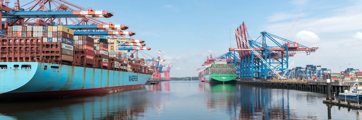 Container ships and cranes at a busy port