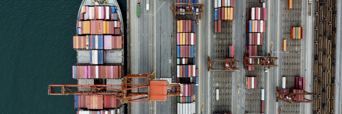 Container ship being unloaded at a port