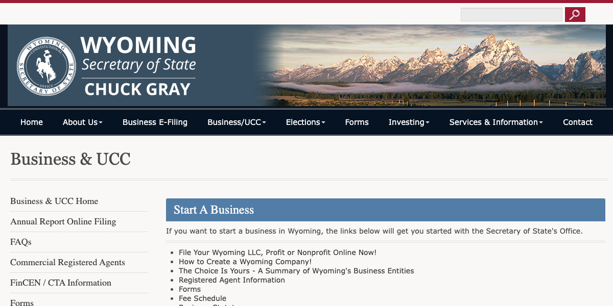 Wyoming Secretary of State start-a-business page