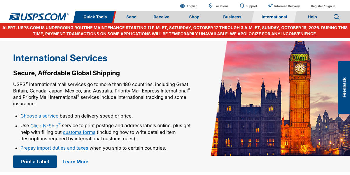 USPS international shipping services webpage