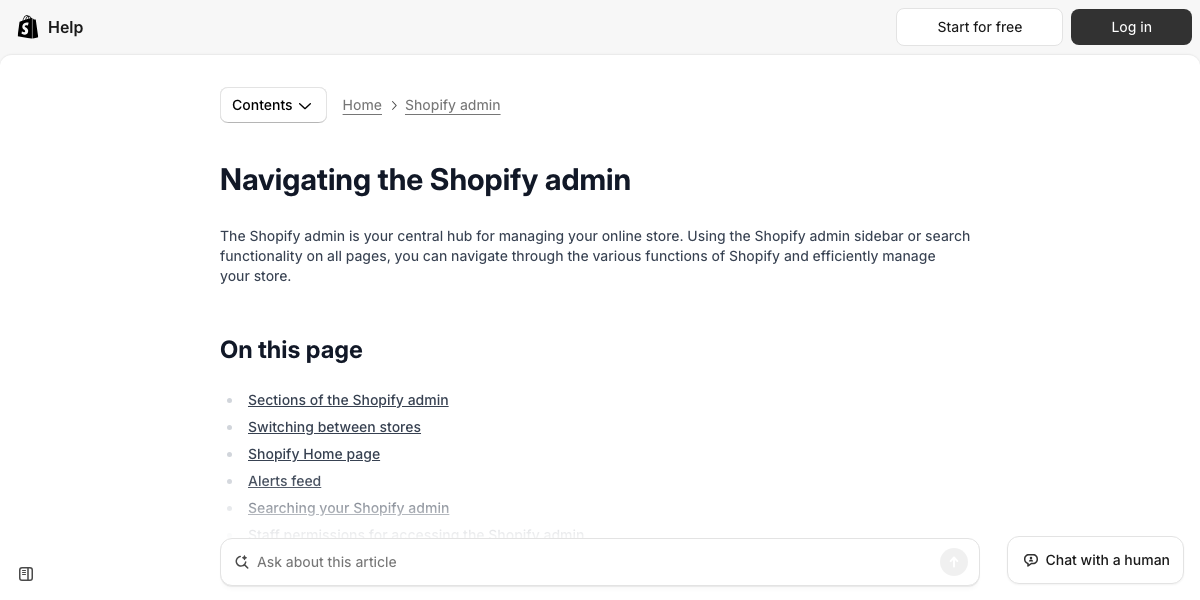 Shopify Help Center page about the store admin