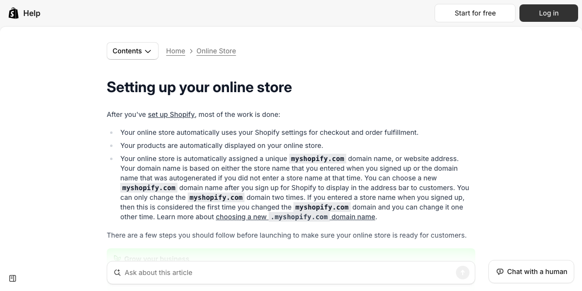 Shopify Help Center guide to setting up an online store