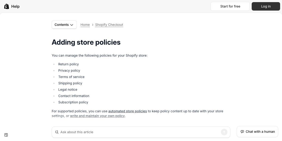 Shopify Help Center page about store policies