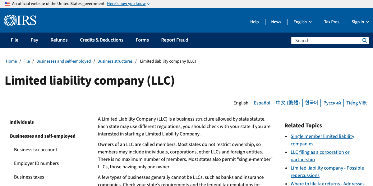 IRS information page about limited liability companies
